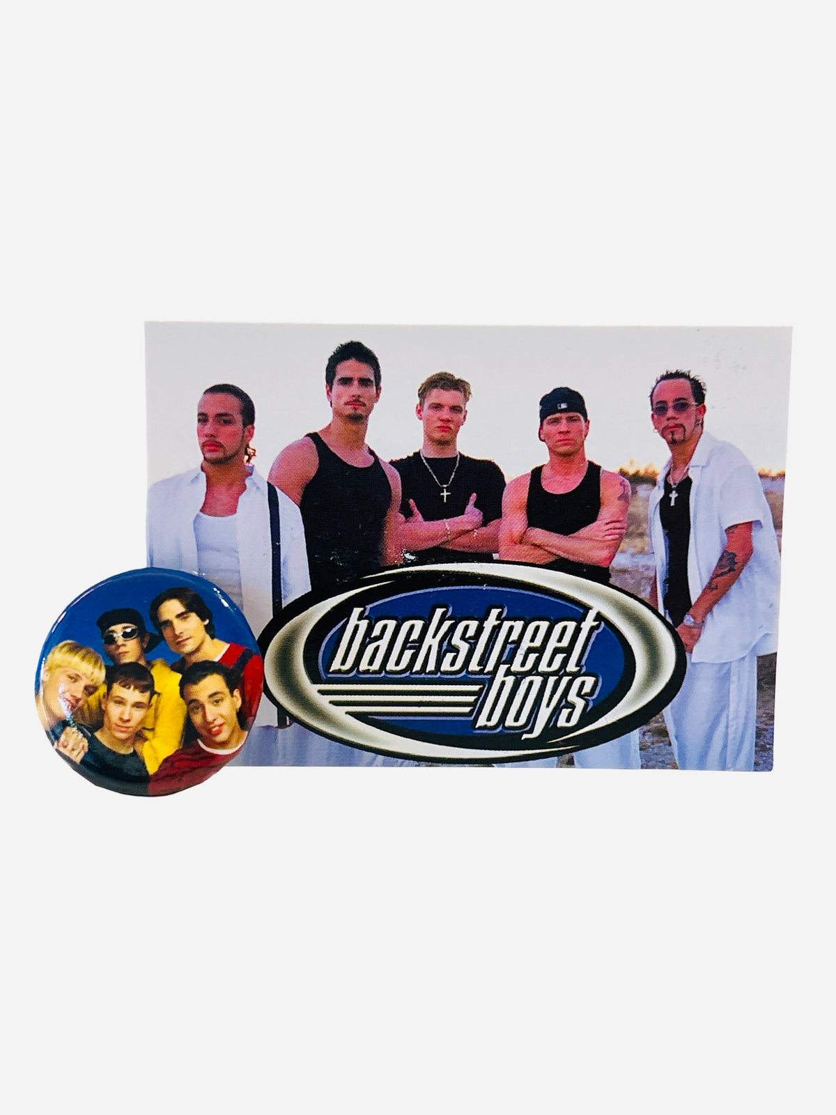 Backstreet Boys 2000 photo card 2.5x3.5 and 1.25 inch pinback button group shot