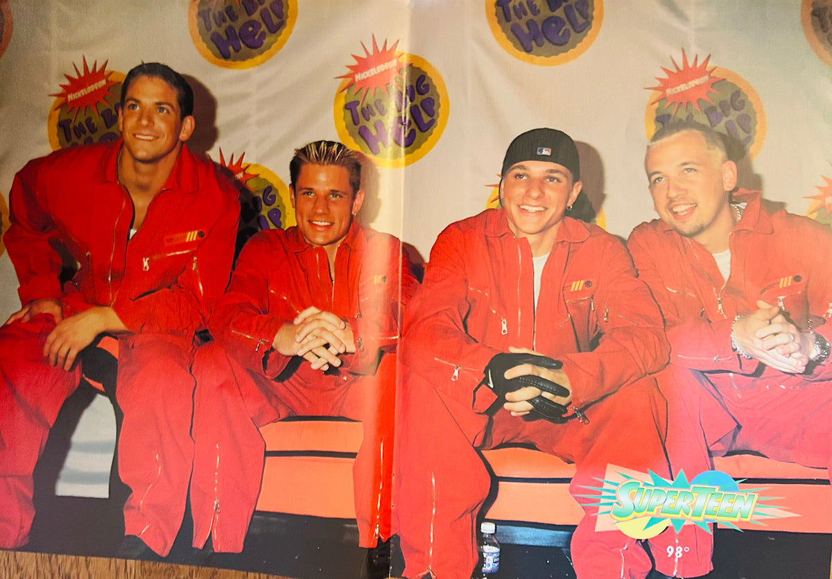 98 Degrees SuperTeen poster – group at Nickelodeon Big Help event in red jumpsuits