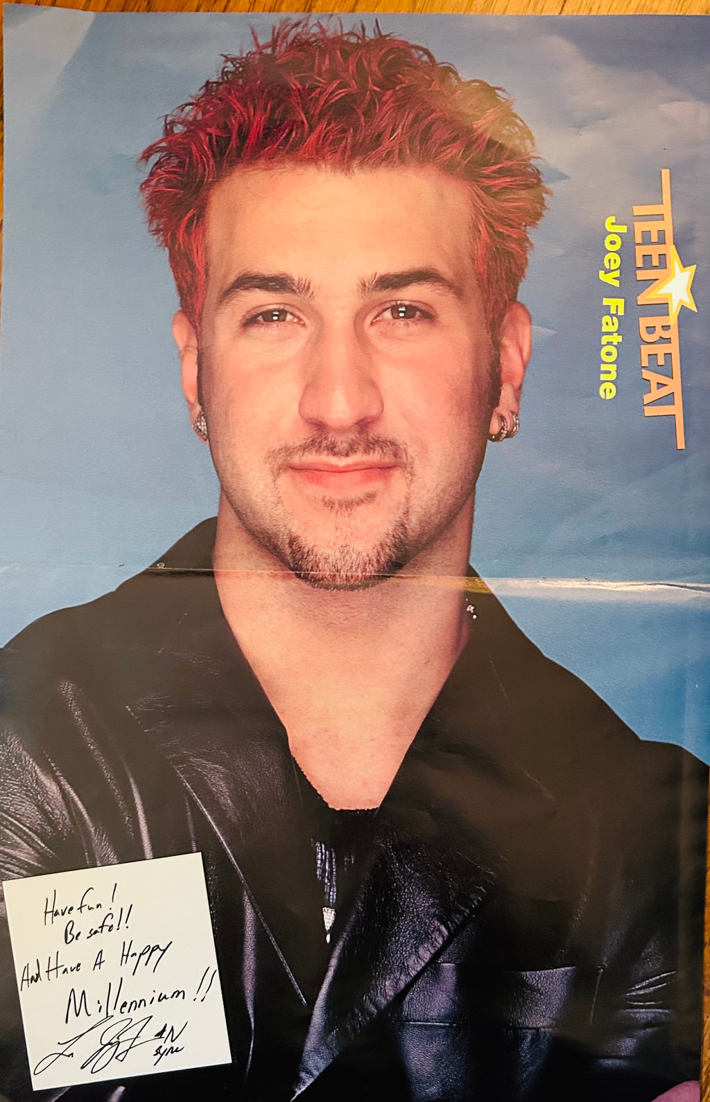 Joey Fatone Teen Beat side of double-sided poster with printed message