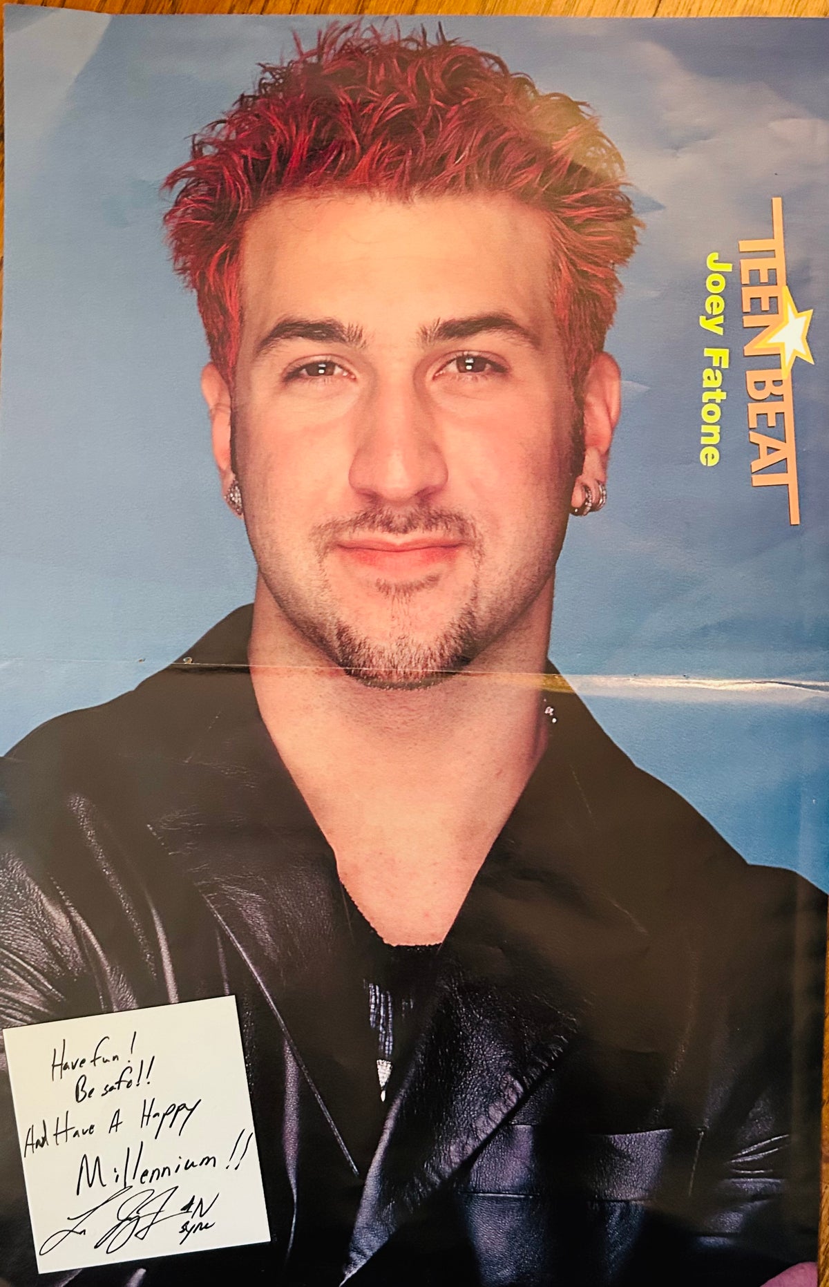 Joey Fatone Teen Beat side of double-sided poster with printed message