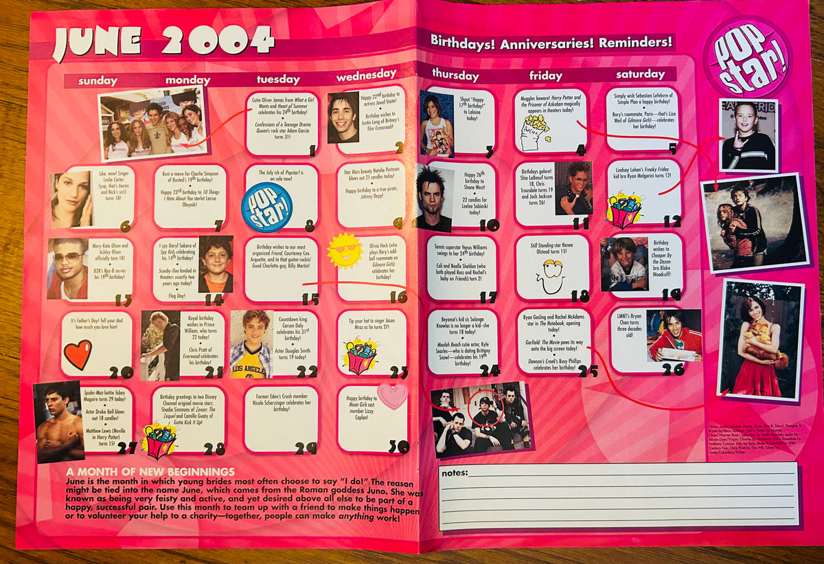 June 2004 Pop Star celebrity birthdays calendar side of poster