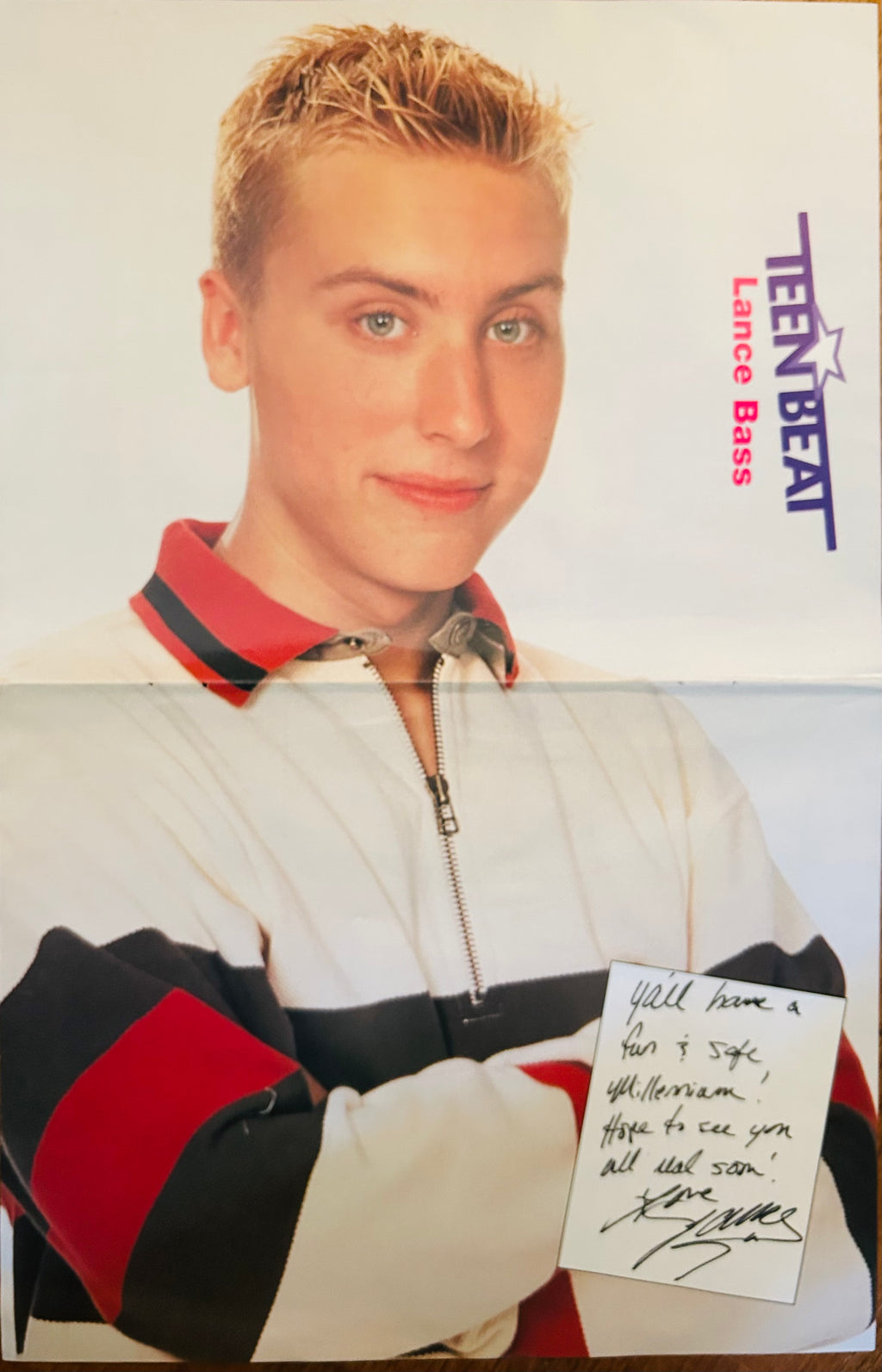 Chris Kirkpatrick Teen Beat portrait with printed handwritten-style message