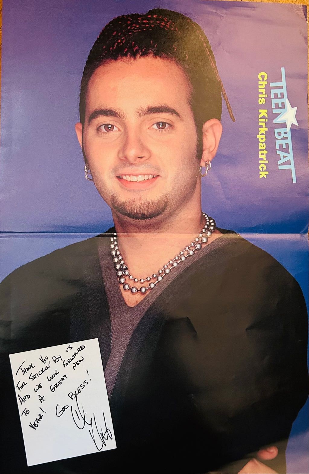 Lance Bass Teen Beat portrait with printed handwritten-style message