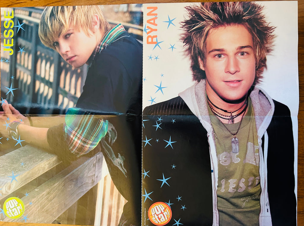 Reverse side of pop star poster showing portraits labeled Jesse and Ryan