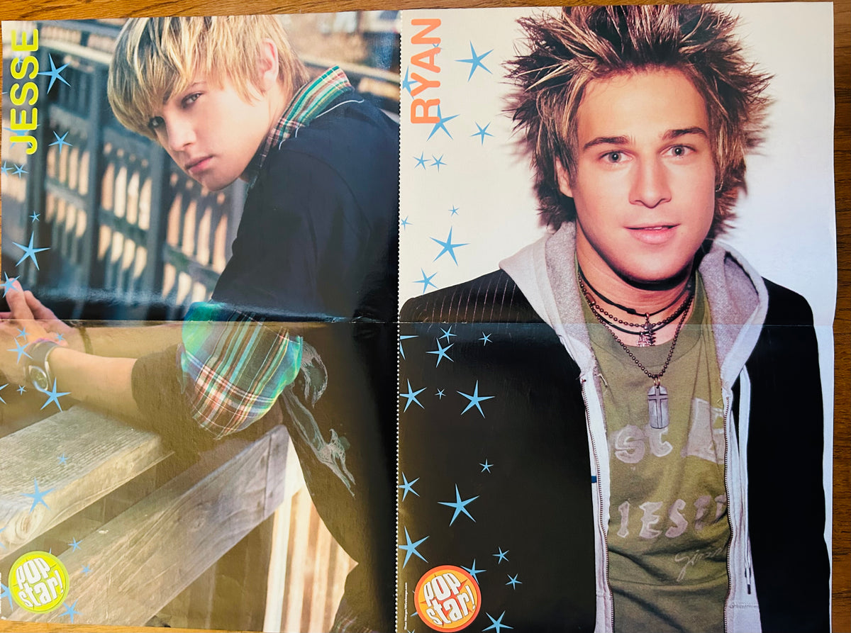 Reverse side of pop star poster showing portraits labeled Jesse and Ryan