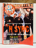 Pop Star Bio-Pix Presents magazine September October 1999 cover featuring all five NSYNC members JC Chasez Lance Bass Joey Fatone Justin Timberlake and Chris Kirkpatrick in black outfits against smoky dramatic background, Exclusive New Pinups NSYNC headline in orange drip font, Free Nick Carter 5ive Poster Inside banner, Ryan Phillippe and cutest actors ever and Go Backstage with 98 Degrees teasers, Pop Star logo top left, Bio-Pix Presents spine