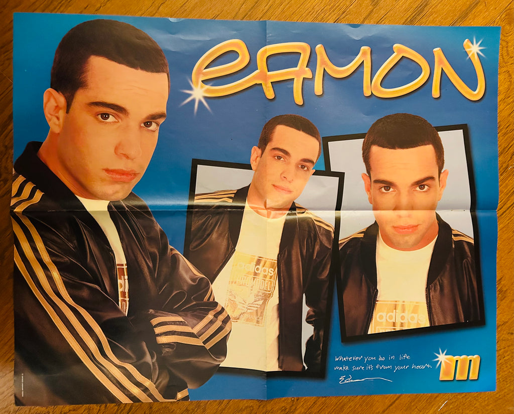 Eamon poster reverse with three portraits on blue background