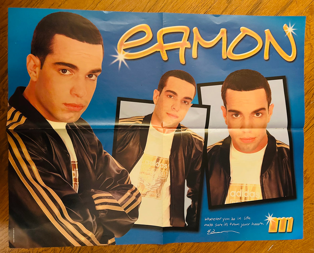 Eamon poster reverse with three portraits on blue background