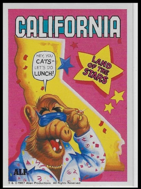 U.S. of ALF California sticker featuring ALF in Hollywood sunglasses and flashy shirt saying Hey you cats lets do lunch