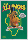 U.S. of ALF Illinois sticker featuring ALF wearing Abraham Lincoln stovepipe hat inside Illinois state outline with Land of Lincoln banner