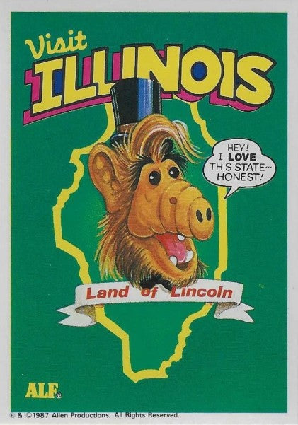 U.S. of ALF Illinois sticker featuring ALF wearing Abraham Lincoln stovepipe hat inside Illinois state outline with Land of Lincoln banner