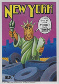 U.S. of ALF New York sticker featuring ALF dressed as Statue of Liberty in green robe and crown rising from sea of rubber tires with NYC skyline
