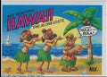 U.S. of ALF Hawaii sticker featuring ALF in Hawaiian shirt and grass skirt hula dancing on beach with two hula dancers at sunset