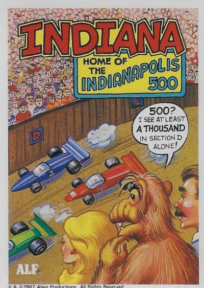 U.S. of ALF Indiana sticker featuring ALF in grandstands at Indianapolis 500 watching race cars with packed crowd