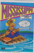 U.S. of ALF Mississippi sticker featuring ALF in overalls and straw hat fishing off a log raft on the Mississippi River after catfish