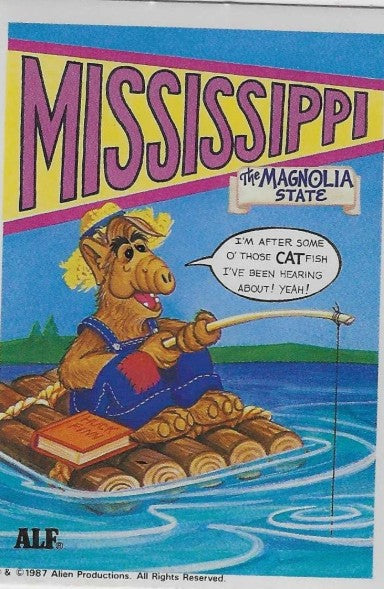 U.S. of ALF Mississippi sticker featuring ALF in overalls and straw hat fishing off a log raft on the Mississippi River after catfish