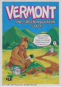 U.S. of ALF Vermont sticker featuring ALF with green paint bucket painting a molehill green while confused mole pops out with question mark and real Green Mountains in background