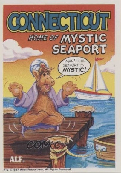 U.S. of ALF Connecticut sticker featuring ALF in turban meditating on dock at Mystic Seaport with sailboat in background