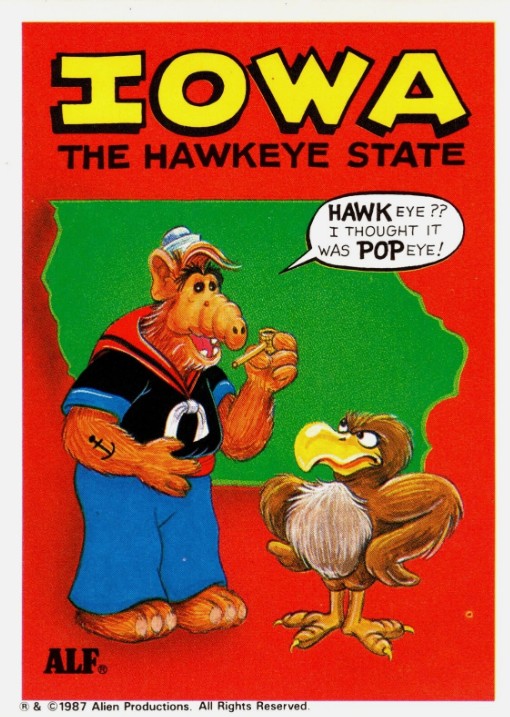 U.S. of ALF Iowa sticker featuring ALF dressed as Popeye the Sailor with anchor tattoo and pipe standing next to a grumpy hawk