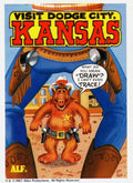 U.S. of ALF Kansas sticker featuring ALF as sheriff in Dodge City framed between gunslinger's legs saying what do you mean draw I can't even trace
