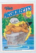 U.S. of ALF Massachusetts sticker featuring ALF in Pilgrim hat lounging on Plymouth Rock saying what a great location for a rock video