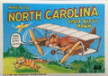 U.S. of ALF North Carolina sticker featuring ALF piloting Wright Brothers biplane over green field calling here kitty kitty to fleeing orange tabby cat