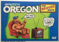 U.S. of ALF Oregon sticker featuring ALF in baseball cap in armchair pointing at vintage TV set with Leave It to Beaver Wally joke on lime green background