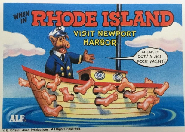 U.S. of ALF Rhode Island sticker featuring ALF as sea captain on wooden yacht completely covered in bare human feet saying check it out a 30 foot yacht