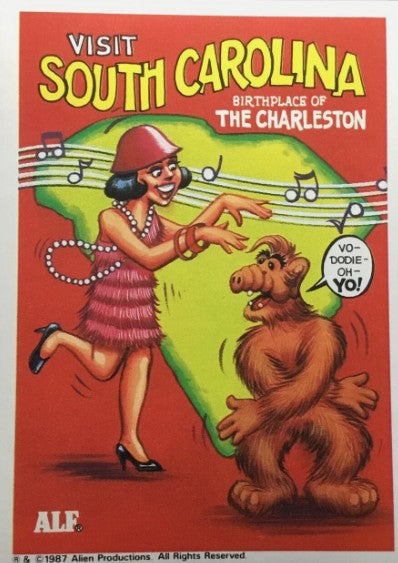U.S. of ALF South Carolina sticker featuring ALF doing the Charleston with a 1920s flapper in pink fringe dress and pearl necklace with musical notes floating around them