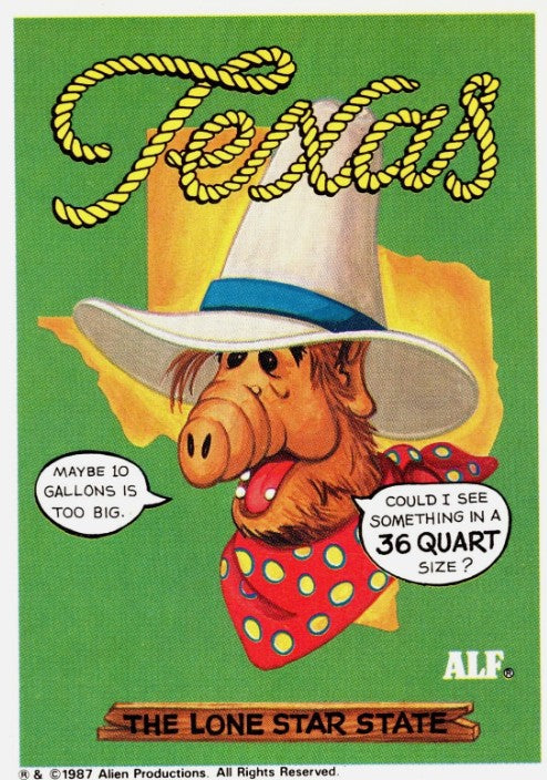 U.S. of ALF Texas sticker featuring ALF in enormous white ten-gallon cowboy hat and red polka dot bandana with rope lasso Texas lettering and Lone Star State banner