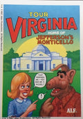 U.S. of ALF Virginia sticker featuring ALF in front of Monticello telling a girl that reminds me you owe me a nickel referencing Jefferson on the nickel