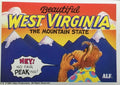 U.S. of ALF West Virginia sticker featuring ALF in polka dot shirt peeking over shoulder at snow-capped blue mountain peaks saying hey no fair peaking against orange sunset sky
