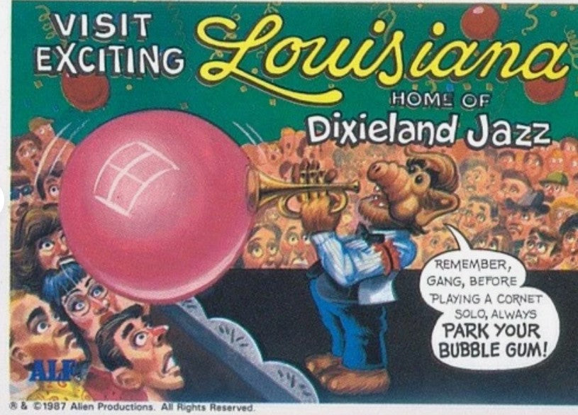 U.S. of ALF Louisiana sticker featuring ALF playing cornet on stage in front of packed crowd with giant pink bubble gum bubble