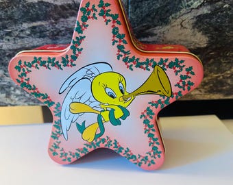 Tweety Bird 1999 Star Shaped Empty 2x6 Holiday Christmas Storage Tin Container Looney Tunes
