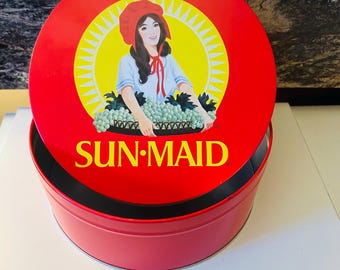 Sun Maid Tin Cake Container 7" Empty Storage Vintage Container