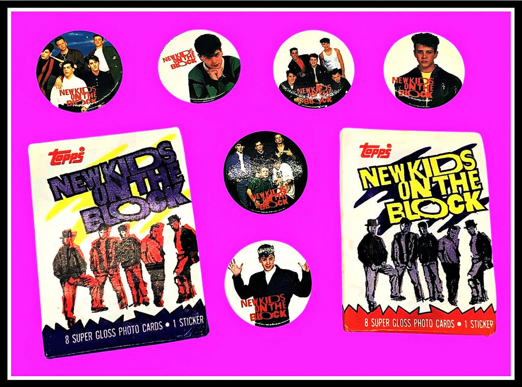 1989 Vintage New KIDS on the BLOCK 6 Button Set Plus Two Trading Card Packs