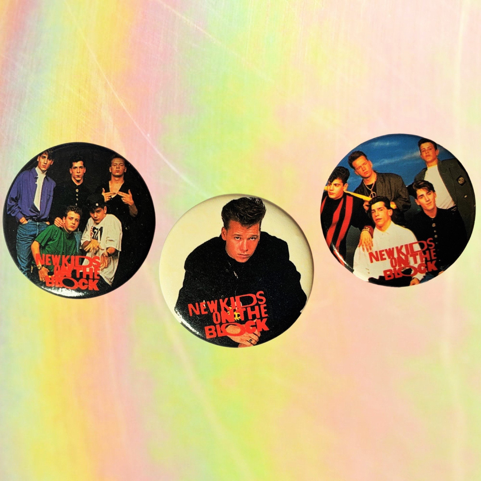 New Kids on the Block (Three Pack) 1.5 Inch Pin-back Buttons, NKOTB Fan Gift, NKOTB Buttons, New Old Stock Vintage Pins 1989