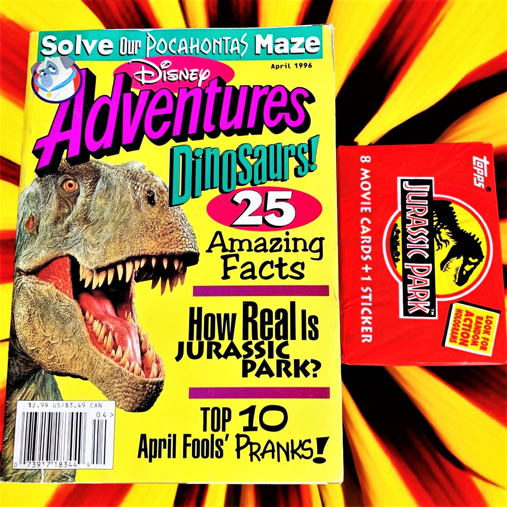 April 1996 Disney adventure magazine, 90s nostalgia, Vintage, Birthday Gifts, Trading Card Pack, Dinosaurs