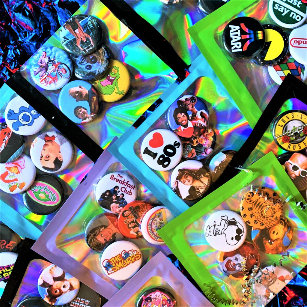 80s Party Pinback Buttons, Mystery Scoop Set