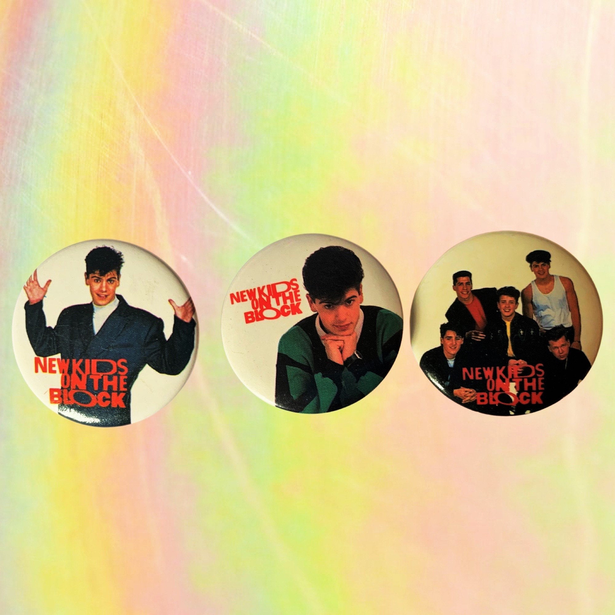New Kids on the Block (Three Pack) 1.5 Inch Pin-back Buttons, NKOTB Fan Gift, NKOTB Buttons, New Old Stock Vintage Pins 1989