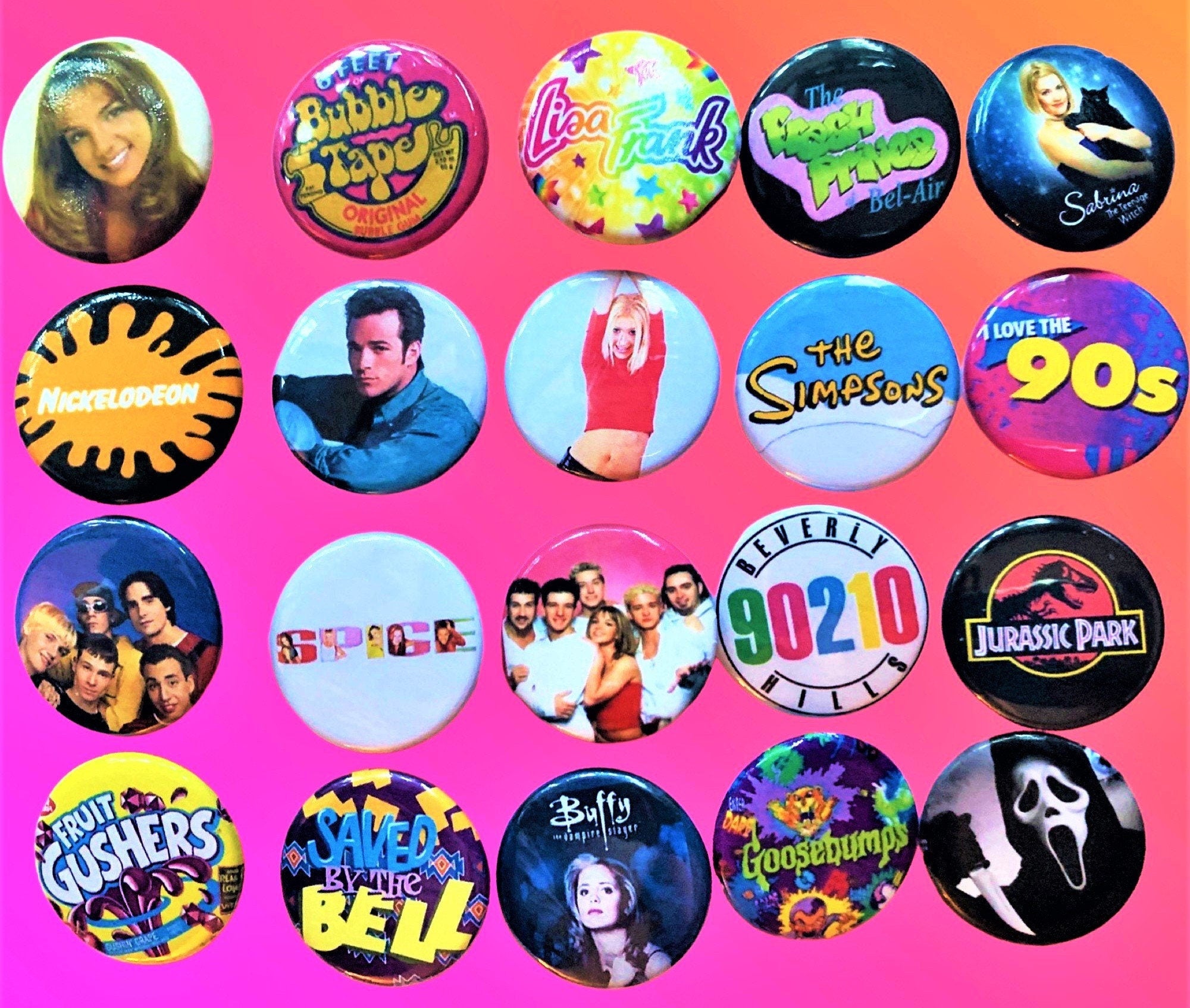 90s Style Buttons, 90s Party favors, Choose One Pinback button, 90s gift ideas, y2k, 90s pins, 90210