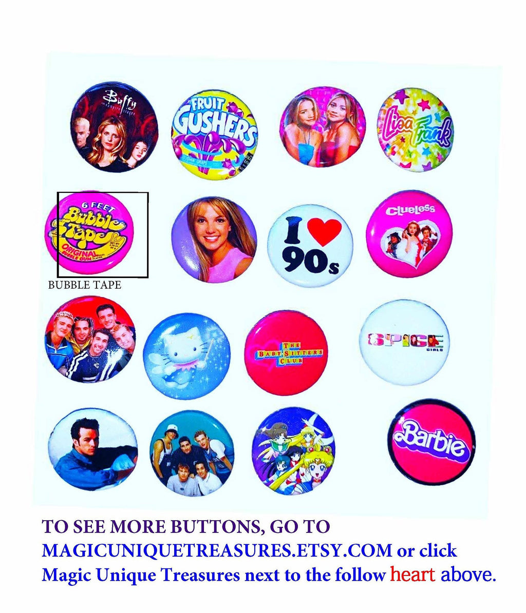 90s style Choose Your Pinback buttons (Choose Your Faves) 90s pins, 90s party, Pinback Buttons