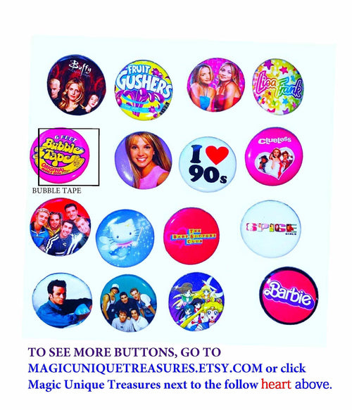 90s style Choose Your Pinback buttons (Choose Your Faves) 90s pins, 90s party, Pinback Buttons