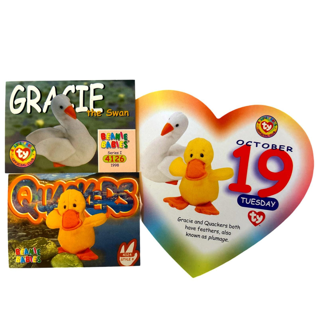 Beanie of the Day (October 19th) Gracie Swan and Quackers the Duck, Beanie Baby Birthday Telegram Treat, Stocking Stuffers, 90s gifts